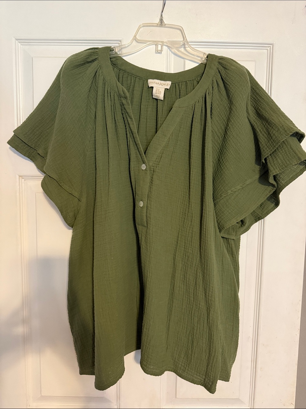 Cynthia Rowley Olive Green Ruffle Sleeve Blouse